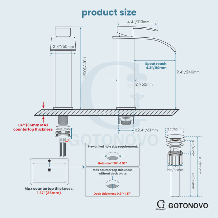 gotonovo Bathroom Sink Faucet Tall Large Waterfall Spout Deck Mount Stainless Steel 304 Single Hole Single Handle Mixer Tap with Supply Line(2 styles-Without Pop Up Drain & With Pop Up Drain)