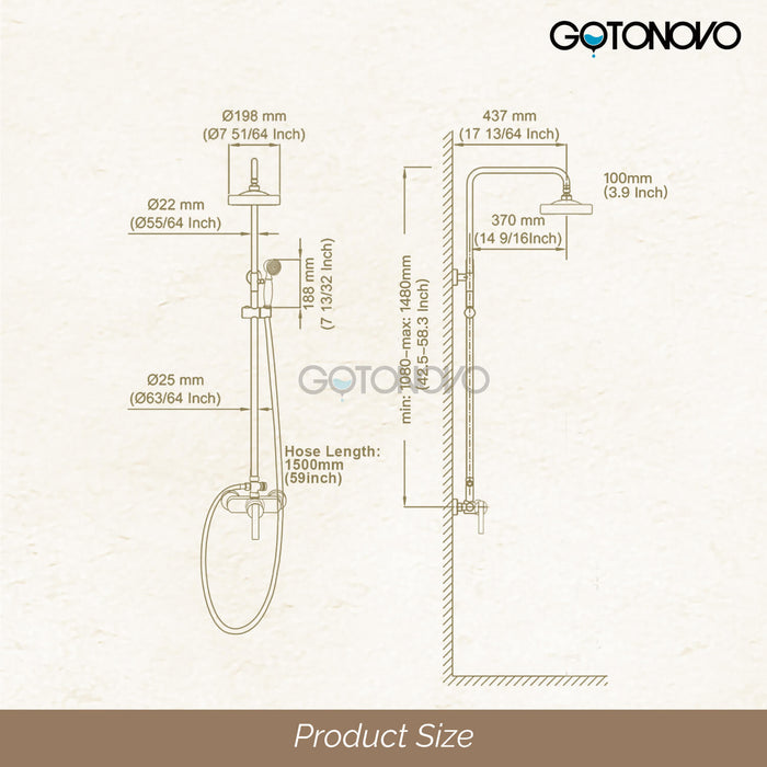 gotonovo Shower Fixture Exposed Pipe Shower System Brass 8 Inch Dual Functions Rainfall Overhead with Handheld Spray Solid Copper Diverter Bathroom Shower Faucet Combo Unit Set