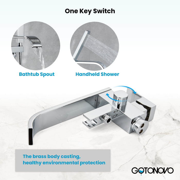Gotonovo Waterfall Freestanding Bathtub Faucet Floor Mount Tub Filler Single Handle Brass Tap with Hand Shower and 360 Degree Swivel Spout