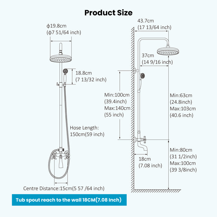 Gotonovo Exposed Shower Fixture 8 Inch Rainfall Shower Head with Handheld Spray Dual Cross Knobs Mixer Bathroom Triple Function Shower Combo Set Wall Mount