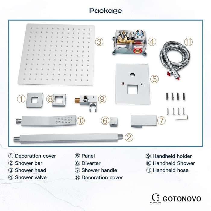 gotonovo Rain Shower System Ceiling Mount 12 Inch Shower Head with Handheld Spray Luxury High Pressure Shower Combo Set Rough-in Valve and Shower Trim Included Dual Function