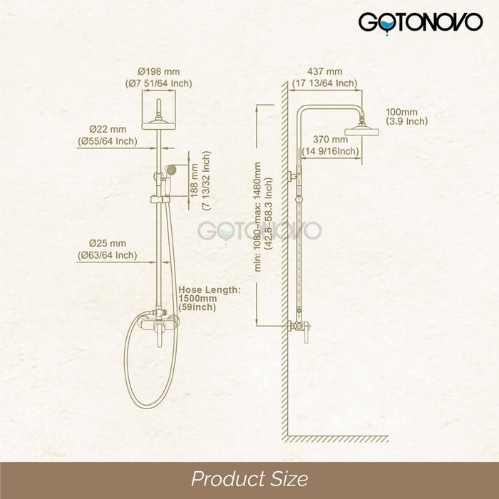 gotonovo Shower Fixture Exposed Pipe Shower System Brass 8 Inch Dual Functions Rainfall Overhead with Handheld Spray Solid Copper Diverter Bathroom Shower Faucet Combo Unit Set