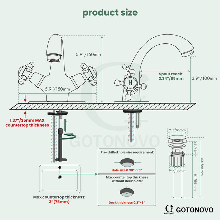 gotonovo Bathroom Sink Faucet with Pop up Drain with Overflow Double Cross Handle Single Hole Deck Mount Vanity Basin Cold Hot Lavatory Mixer Tap