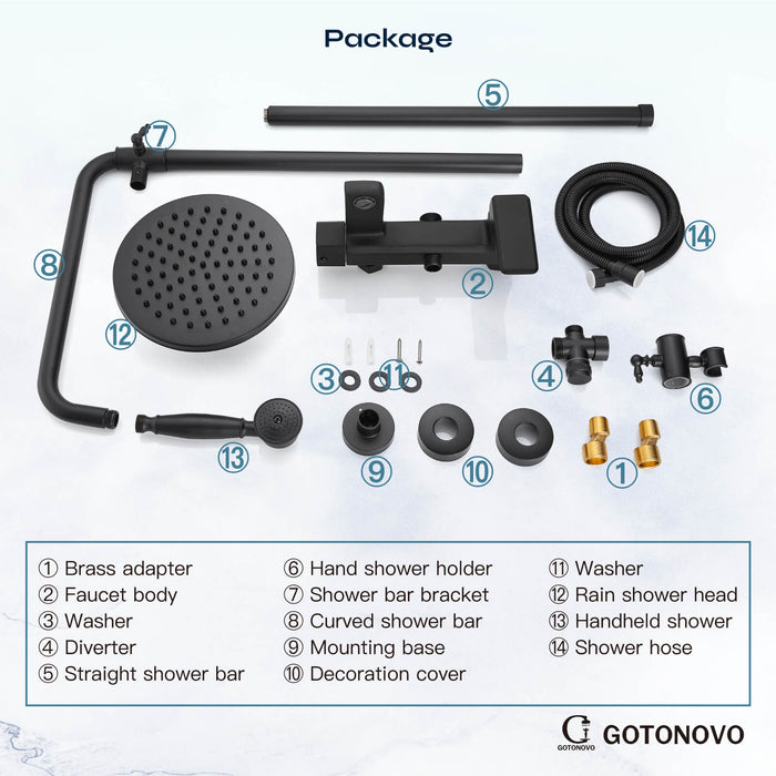 gotonovo Matte Black Exposed Shower Faucet Fixture Set 8inch Rain Shower Single Handle Triple Function Tub Spout Shower Fixture Combo System Unit Set