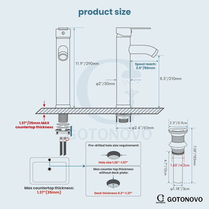 gotonovo Bathroom Vessel Sink Faucet Single Handle Lavatory Vanity Deck Mount Sink Tap with Pop Up Drain( Tall Type& Short Type)