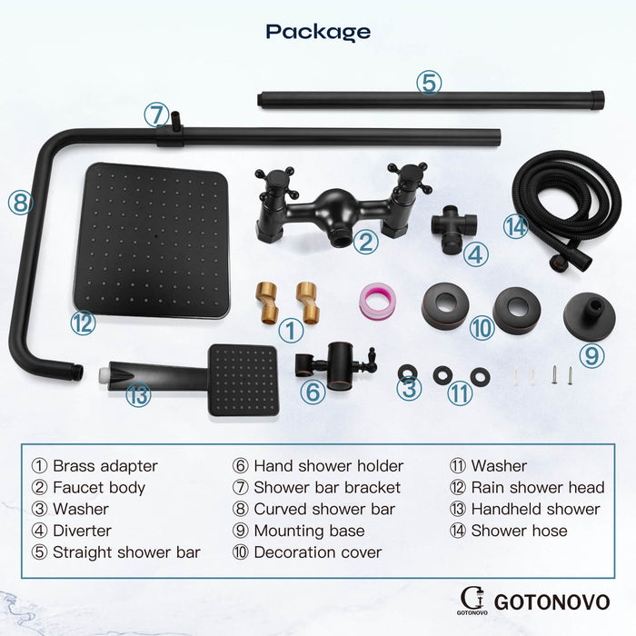 Gotonovo Olie Gewreven Gebronsde Blootgestelde Douchearmatuur Systeemset Combo met ABS Handdouche 8 inch Vierkante Douchekop Dubbele Knoppen Kruisgreep 2 Functie Buitendouche Kraan Unit Set 