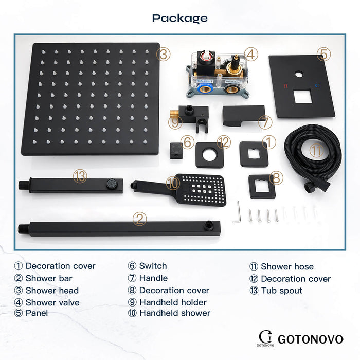 Gotonovo Matzwart douchesysteem 3-functiemengkraan Douchebadcombinatieset 9 inch Wandgemonteerde regendouche ABS Handdouche Badkamer Luxe regen-inbouwklep en afwerkingsset met badkuipuitloop 