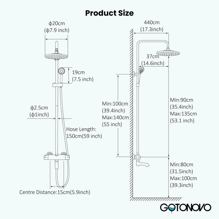 Gotonovo Exposed Shower System Thermostatic 8 inch Round Shower Head with Height Adjustable Slide Bar ABS Handheld Sprayer Wall Mount Shower Fixture