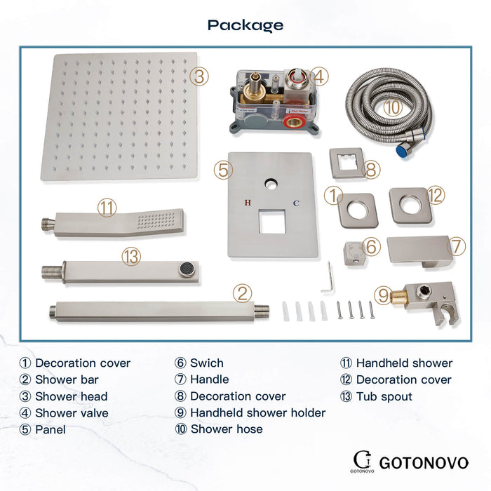 gotonovo douchesysteem met badkuipuitloop, 12 inch plafondmontage, 3-functiemengkraan, douchecombinatieset, regendouche, handdouche, badkamer, luxe inbouwventielbehuizing en afwerkingsset 