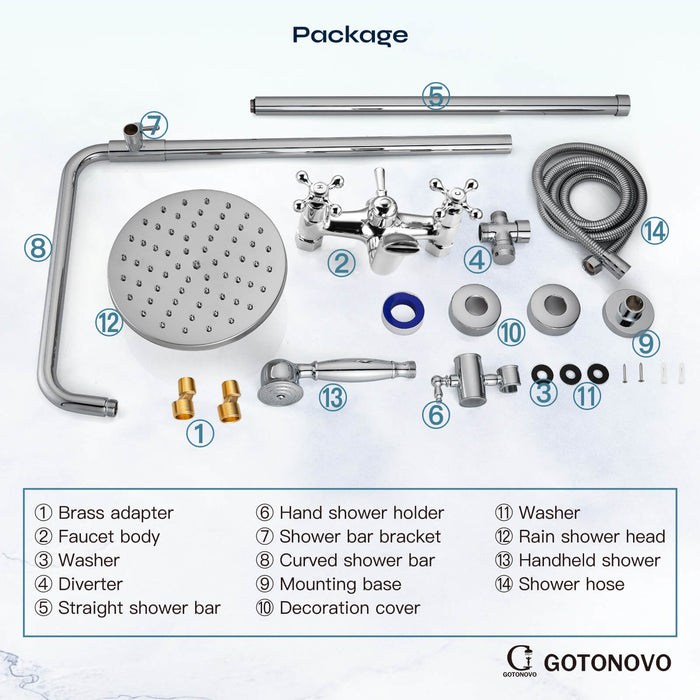 gotonovo Exposed Shower Set 8inch Top Shower Double Knobs cross Handle with Tub Spout Triple Function Shower Fixture System Set