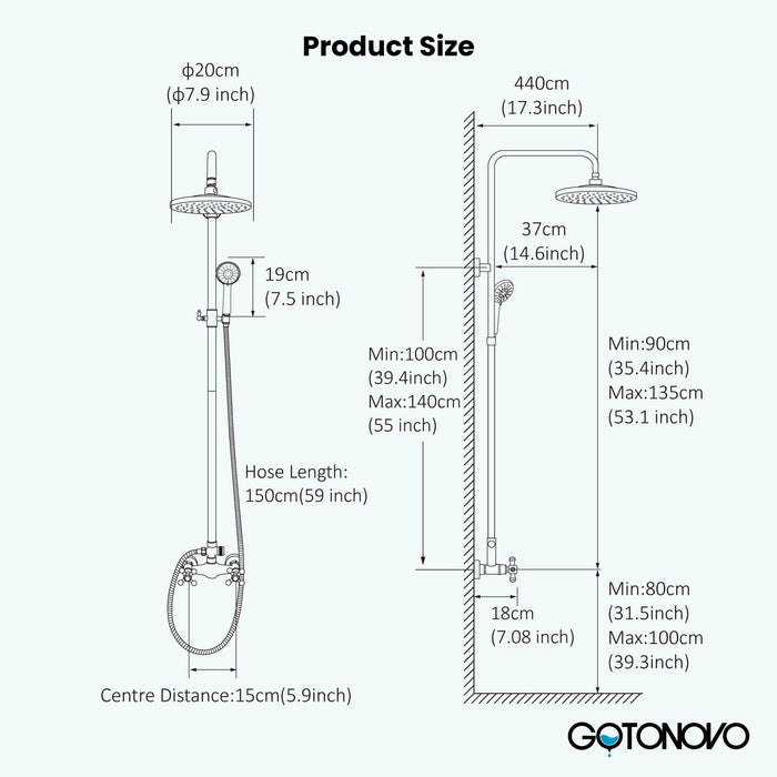 Gotonovo Exposed Shower System 8 Inch Rainfall Shower Head with Handheld Spray Dual Cross Knobs Mixer Bathroom Shower Combo Set Wall Mount