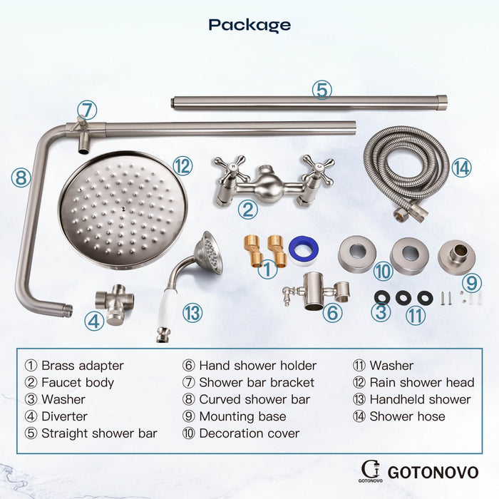 gotonovo Exposed Shower System Combo Set 8inch Rainfall Shower Head and Handheld Spray Double Knobs Cross Handle Dual Function Bathroom Shower Faucet Set