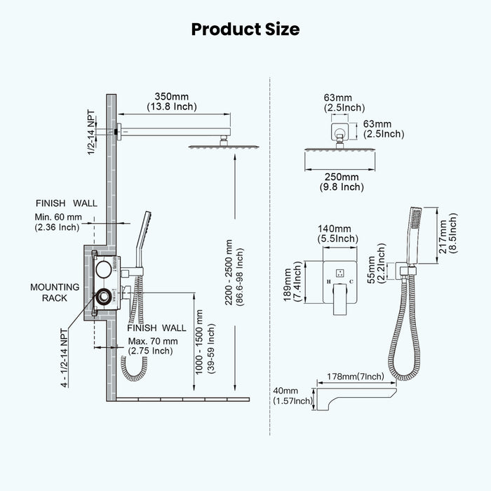 Gotonovo Rain Shower Combo Set with Waterfall Tub Spout Square Rainfall Shower Head with Handheld Spray Pressure Balance Rough-in Valve and Trim Included