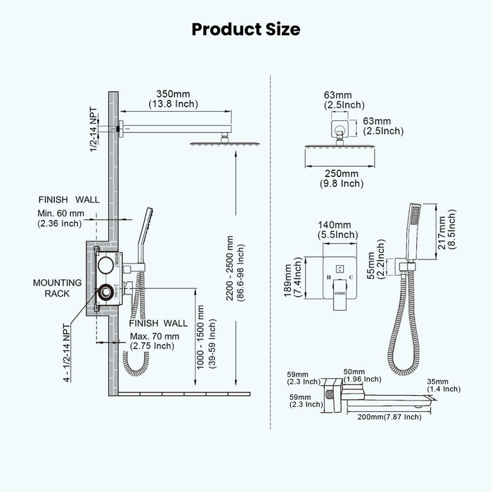 Gotonovo Rain Shower Combo Set Luxury 3-Function with Rotating Tub Spout,Square Rainfall Shower Head and Handheld Spray Rough-in Valve Body and Trim Included