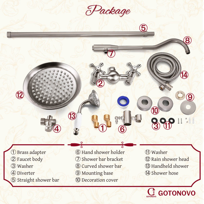 gotonovo Exposed Shower Faucet System 8inch Rain Shower Double Knobs Cross Handle Dual Function Shower Fixture Combo Unit Set