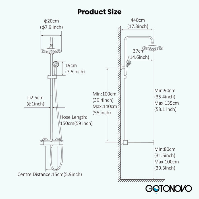 Gotonovo Exposed Shower System Thermostatic 8’’ Round Shower Head with Height Adjustable Slide Bar ABS Handheld Sprayer Wall Mount Shower Fixture