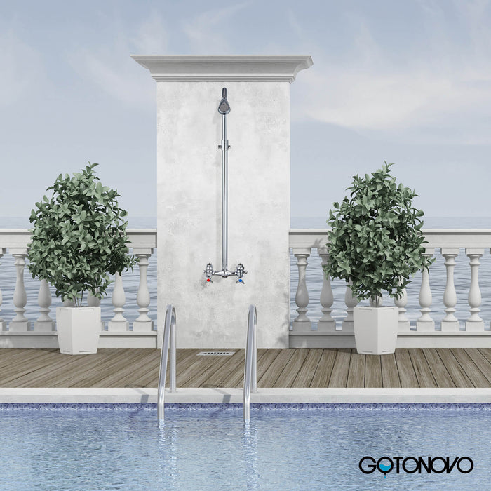 gotonovo Outdoor Shower Faucet Set Double Cross Handles Exposed Shower System Rainfall Shower Head Wall Mount Shower Fixture Kit Brass Mix Valve