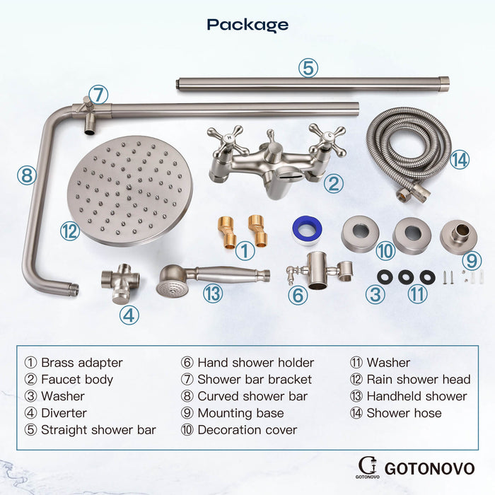 gotonovo Exposed Shower Set 8inch Top Shower Double Knobs cross Handle with Tub Spout Triple Function Shower Fixture System Set