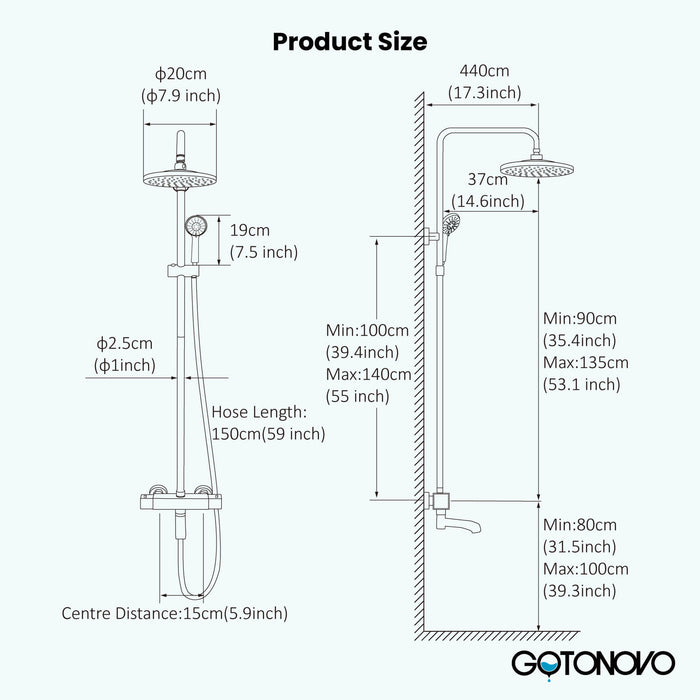 Gotonovo Exposed Shower System Thermostatic 8’’ Round Shower Head with Height Adjustable Slide Bar ABS Handheld Sprayer Wall Mount Shower Fixture