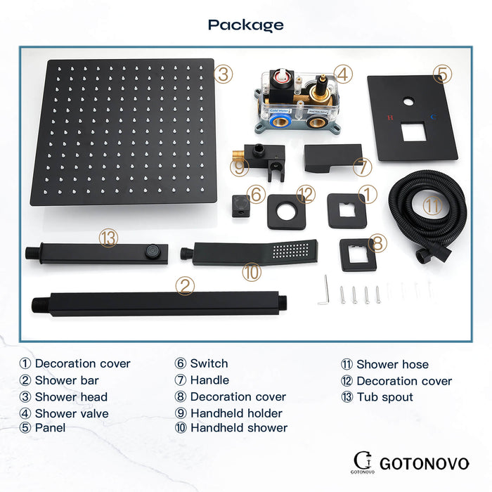 gotonovo douchesysteem met badkuipuitloop, 12 inch plafondmontage, 3-functiemengkraan, douchecombinatieset, regendouche, handdouche, badkamer, luxe inbouwventielbehuizing en afwerkingsset 
