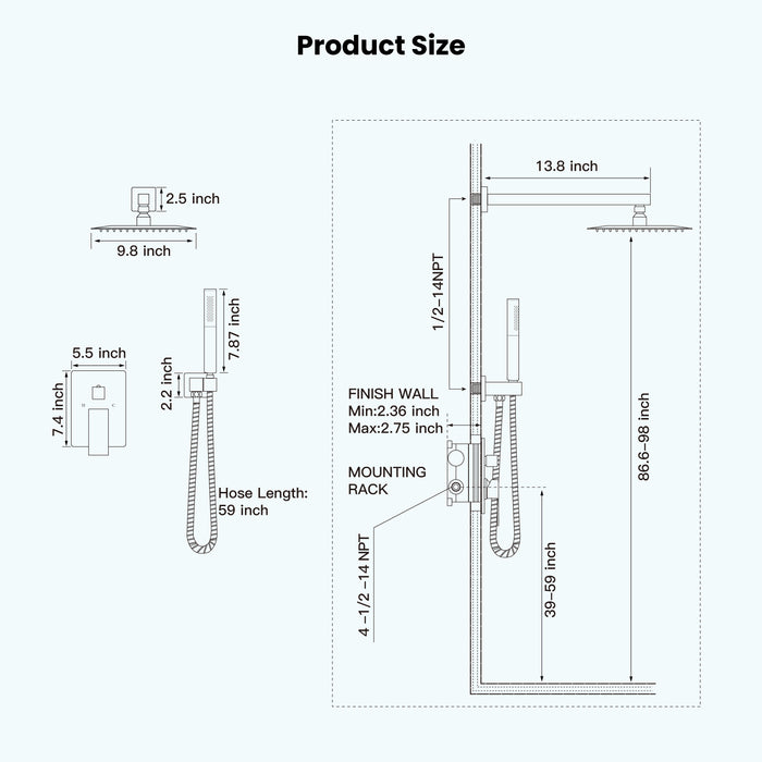 Gotonovo Rainfall Shower System Wall Mount Square Showerhead Shower Trim Kit 2 in 1 Cylindrical Handheld shower with Rough-in Valve