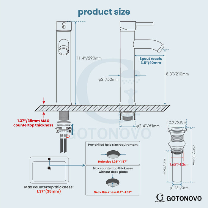 Gotonovo Bathroom Basin Sink Faucet Single Lever Handle Lavatory Vanity Mixer Bar Tap with Pop Up Drain Single Hole Deck Mount with Cover Plate(Short Type&Tall Type)