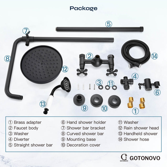 gotonovo Exposed Shower System Combo Set 8inch Rainfall Shower Head and Handheld Spray Double Knobs Cross Handle Dual Function Bathroom Shower Faucet Set