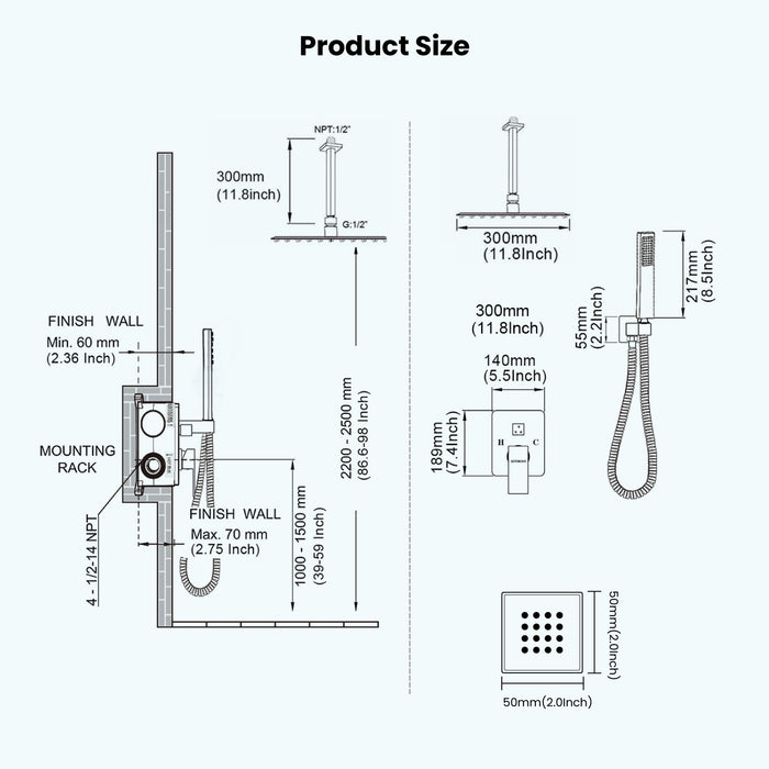 Gotonovo Rain Shower Combo Set Ceiling Mounted Square Rainfall Shower Head with Body Spray Jets and Brass Handshower Pressure Balance Rough-in Valve and Trim Included