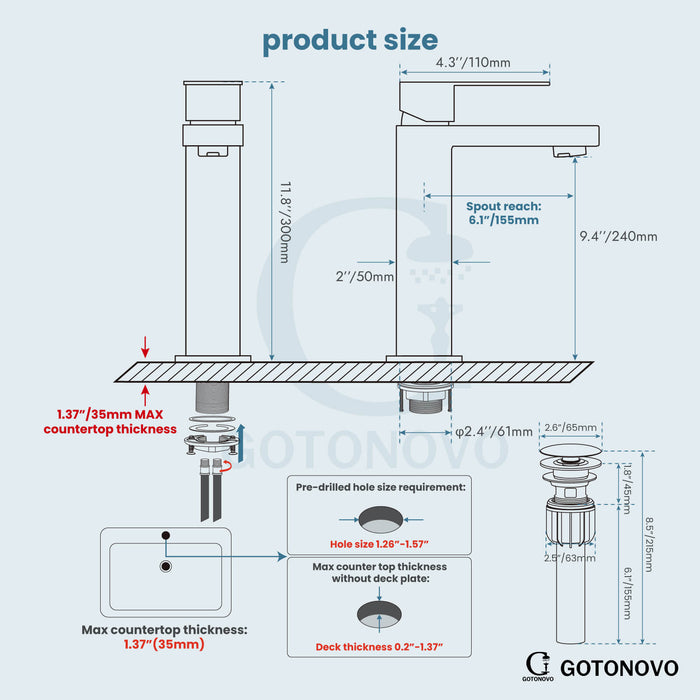 gotonovo Bathroom Sink Faucet Deck Mount Stainless Steel 304 Single Hole Single Handle Spout Mixer Tap with Pop Up Drain(Tall Type&Short Type)