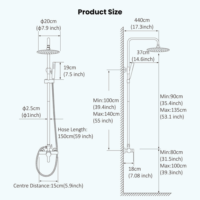 Gotonovo Exposed Shower System 304 Stainless Steel Shower Head with 2 in 1 Cylinder Handheld Spray 2 Function Wall Mount Single Handle