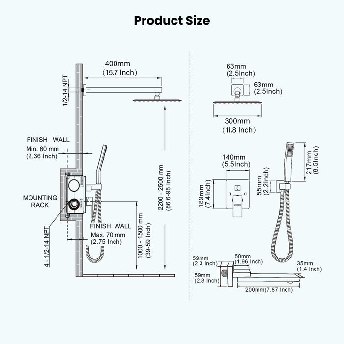 Gotonovo Rain Shower Combo Set Luxury 3-Function with Rotating Tub Spout,Square Rainfall Shower Head and Handheld Spray Rough-in Valve Body and Trim Included