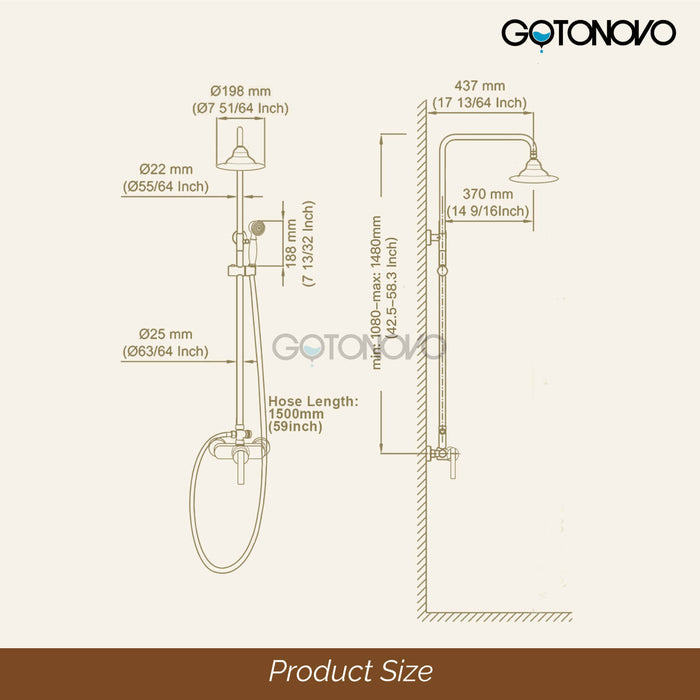 gotonovo Exposed Pipe Shower System Brass 8 Inch Overhead Rainfall Shower Fixture with Handheld Spray Dual Functions Solid Diverter Wall Mounte Bathroom Shower Faucet Combo Unit Set