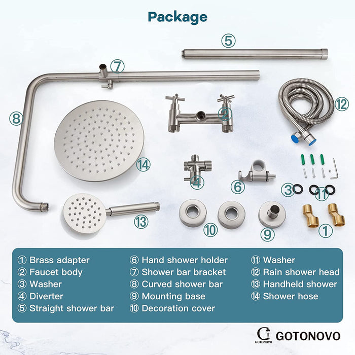 gotonovo SUS304 Outdoor Shower Fixture System Combo Faucet Set Double Cross Handle High Pressure Hand Spray Wall Mount 2 Dual Function Rainfall Shower Fixture