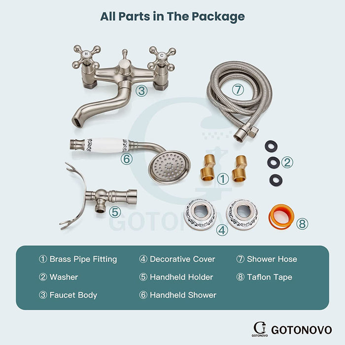 gotonovo Wall Mount Bathtub with Hand Held Shower Spray Faucet Set Bathroom Double Cross Handle 2 Functions 360 Swivel Mixer Tub Spout