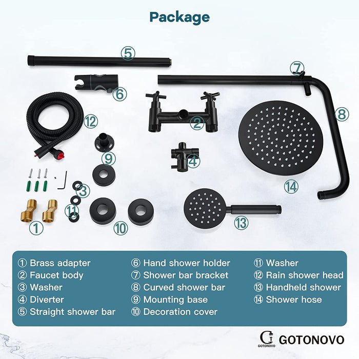 gotonovo SUS304 Outdoor Shower Fixture System Combo Faucet Set Double Cross Handle High Pressure Hand Spray Wall Mount 2 Dual Function Rainfall Shower Fixture