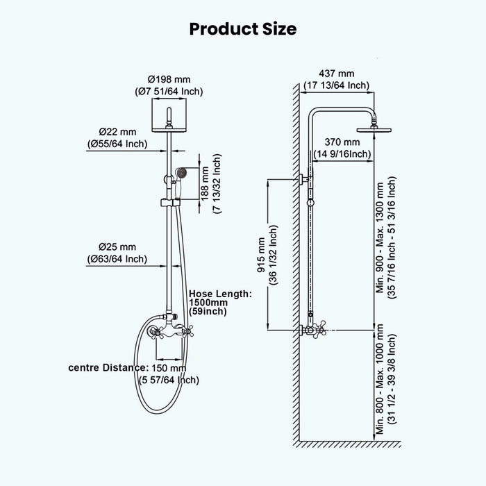 Gotonovo Exposed Shower System 8 Inch Rainfall Shower Head with Handheld Spray Dual Cross Knobs Mixer Bathroom Shower Combo Set Wall Mount