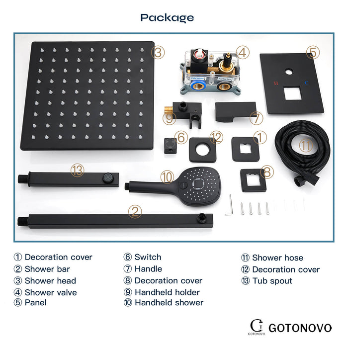 gotonovo Matte Black Shower System 3 Function Mixer Shower Tub Combo Set 9 Inch Wall Mounted Rainfall Shower Head ABS Handheld Shower Bathroom Luxury Rain Rough-in Valve and Trim Kit with Tub Spout