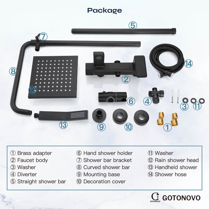 Gotonovo Matzwarte zichtbare douchekraanarmatuurset, 8 inch regendouche, enkele handgreep, drievoudige functie, baduitloop, douchearmatuur, combo-systeemeenheidset 