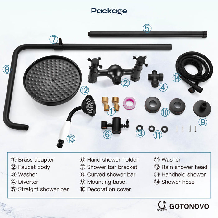 gotonovo Exposed Shower System Combo Set 8inch Rainfall Shower Head and Handheld Spray Double Knobs Cross Handle Dual Function Bathroom Shower Faucet Set