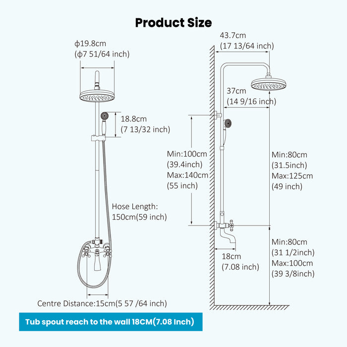 Gotonovo Exposed Shower Fixture 8 Inch Rainfall Shower Head with Handheld Spray Dual Cross Knobs Mixer Bathroom Triple Function Shower Combo Set Wall Mount