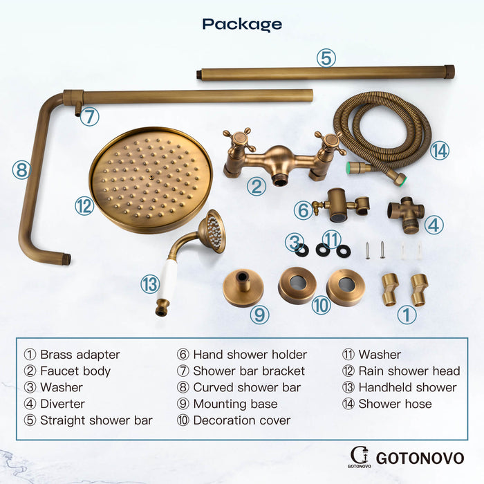 gotonovo Exposed Shower System Combo Set 8inch Rainfall Shower Head and Handheld Spray Double Knobs Cross Handle Dual Function Bathroom Shower Faucet Set