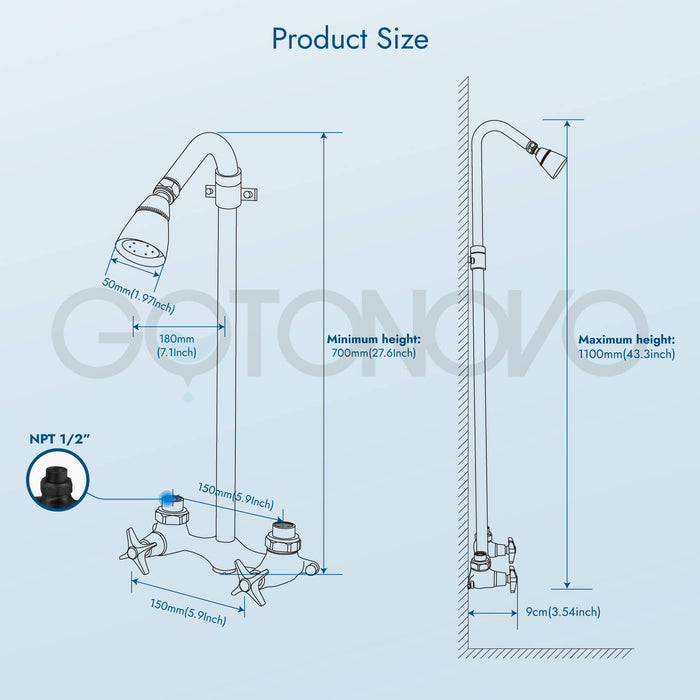 gotonovo Matte Black Outdoor Shower Kit Faucet Wall Mounted Adjustable slider Shower Fixtures Dual Cross Handles Brass Mixer Valve Adjustable Utility Shower Head Exposed Shower System