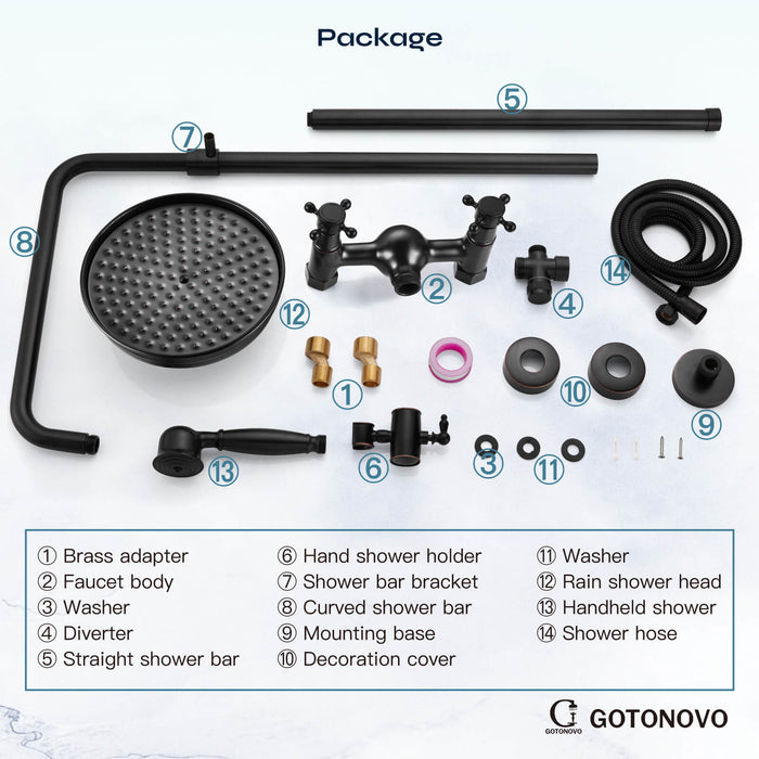 gotonovo Exposed Shower Fixture Set 8inch Rain Shower Head Double Knobs Cross Handle Dual Function Shower Faucet Combo Set