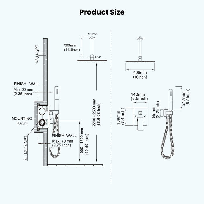 Gotonovo Rain Shower Combo Set Square Shower head SUS304 Stainless Steel Shower Trim Kit 2 in 1 Cylindrical Handheld shower with Rough-in Valve