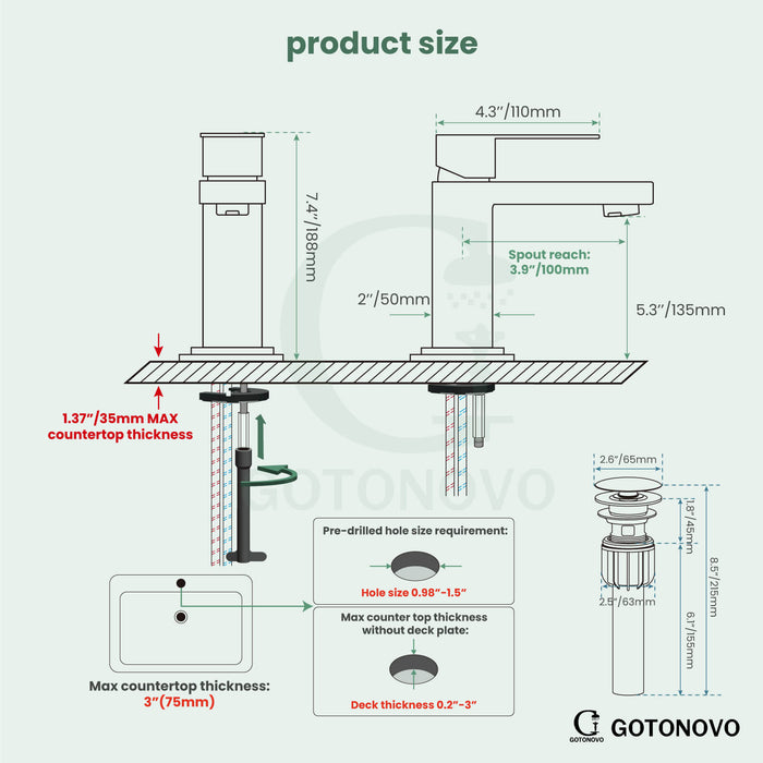 gotonovo Bathroom Sink Faucet Deck Mount Stainless Steel 304 Single Hole Single Handle Spout Mixer Tap with Pop Up Drain(Tall Type&Short Type)