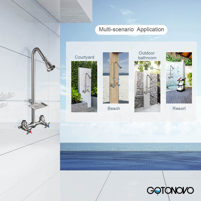 gotonovo Outdoor Shower Faucet Set Double Cross Handles Exposed Shower System Rainfall Shower Head Wall Mount Shower Fixture Kit Brass Mix Valve