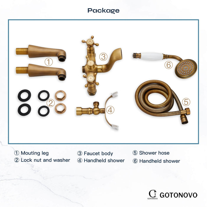 Gotonovo Badrandcombinaties Badkuipkraan Clawfoot met handdouche 6 inch Telefoonvormige sproeier Doucheheld dubbele kruisgreep 