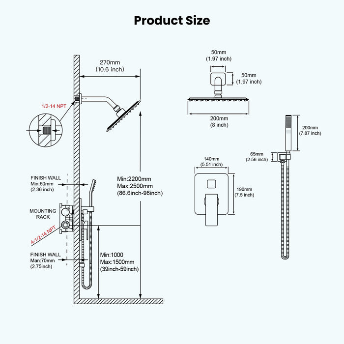 gotonovo Rain Shower Combo Set Wall Mounted  2-Function Rainfall Shower Head With Handheld Spray Rough-in Valve Body and Trim Included