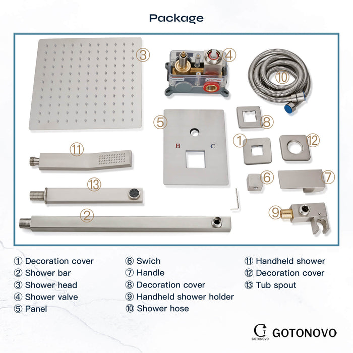 gotonovo Regendouchesysteem met baduitloop Mixer Douchecombinatieset 3 Functies Wandgemonteerde douchekop Handdouche Badkamer Luxe Rain Rough-in ventiellichaam en afwerkingsset 