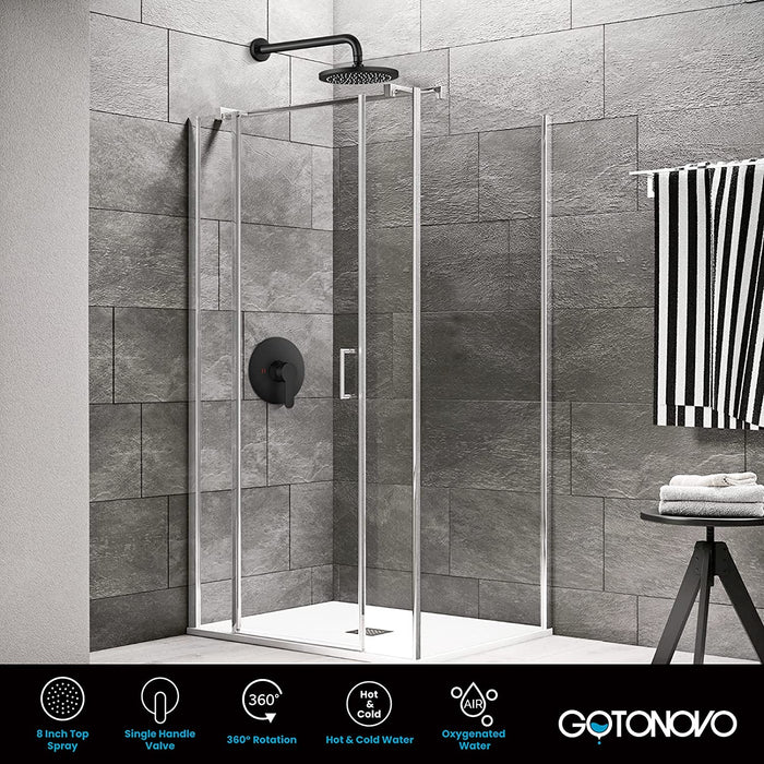gotonovo Matte Black Shower Faucet Set Complete 8 inch Round Thicken Rain Shower Head Single Function Wall Mounted Shower Trim Kit Pressure Balance Shower System Rough-in Valve and Trim Included